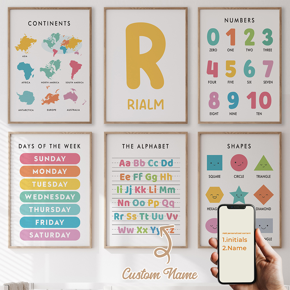 Kids Education Name - 6-teiliges Personalisiertes Bildungs-Buchstaben-Namens-Wandkunst-Set Leinwand-Poster Gemälde für