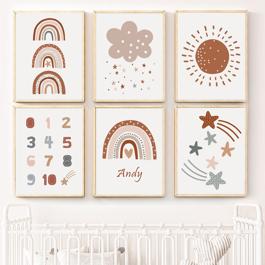 Kids Education Name - Boho-Kinderzimmer-Poster, Leinwanddruck, Regenbogen, Sonne, Wolke, Zahlen,